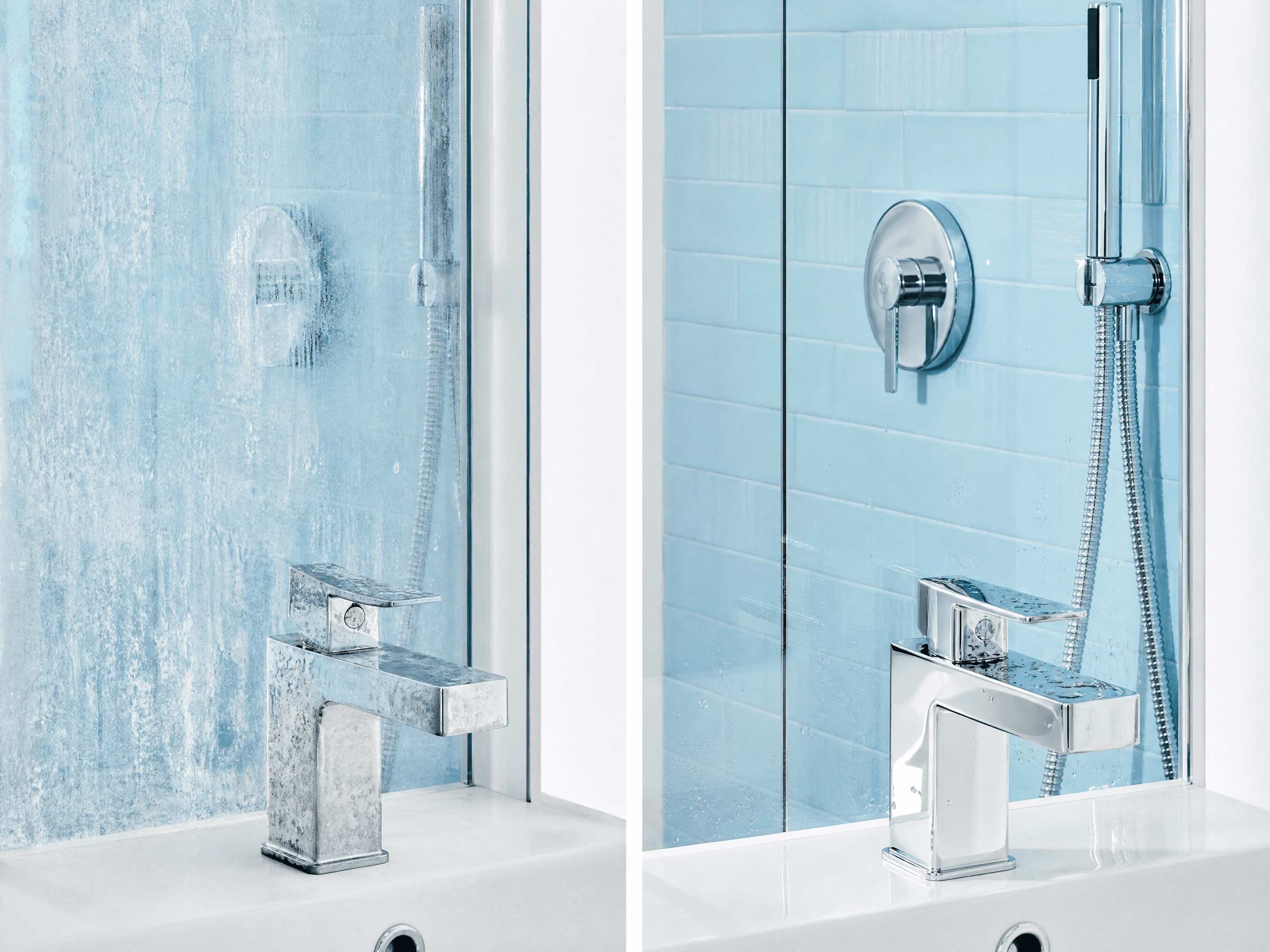 Before and after refresh of a limescale shower screen and chrome tap