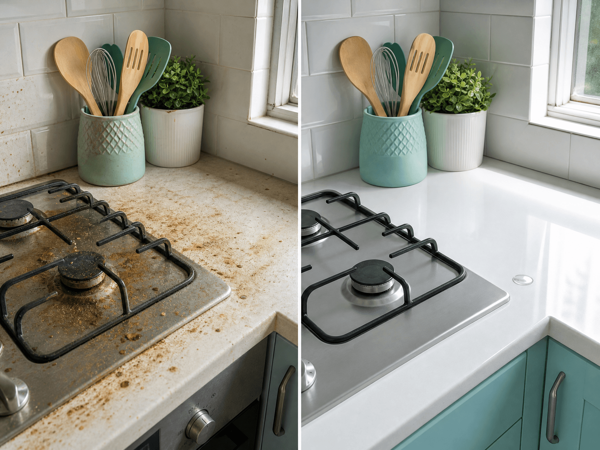 Before and after refresh of a greasy kitchen hob and worktop