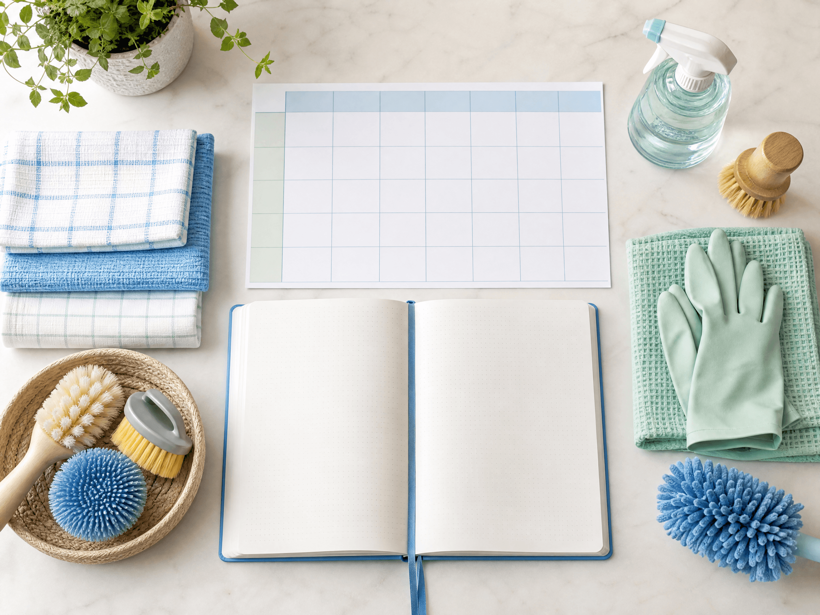 Weekly cleaning schedule planner flat-lay with a blank notebook and cloths