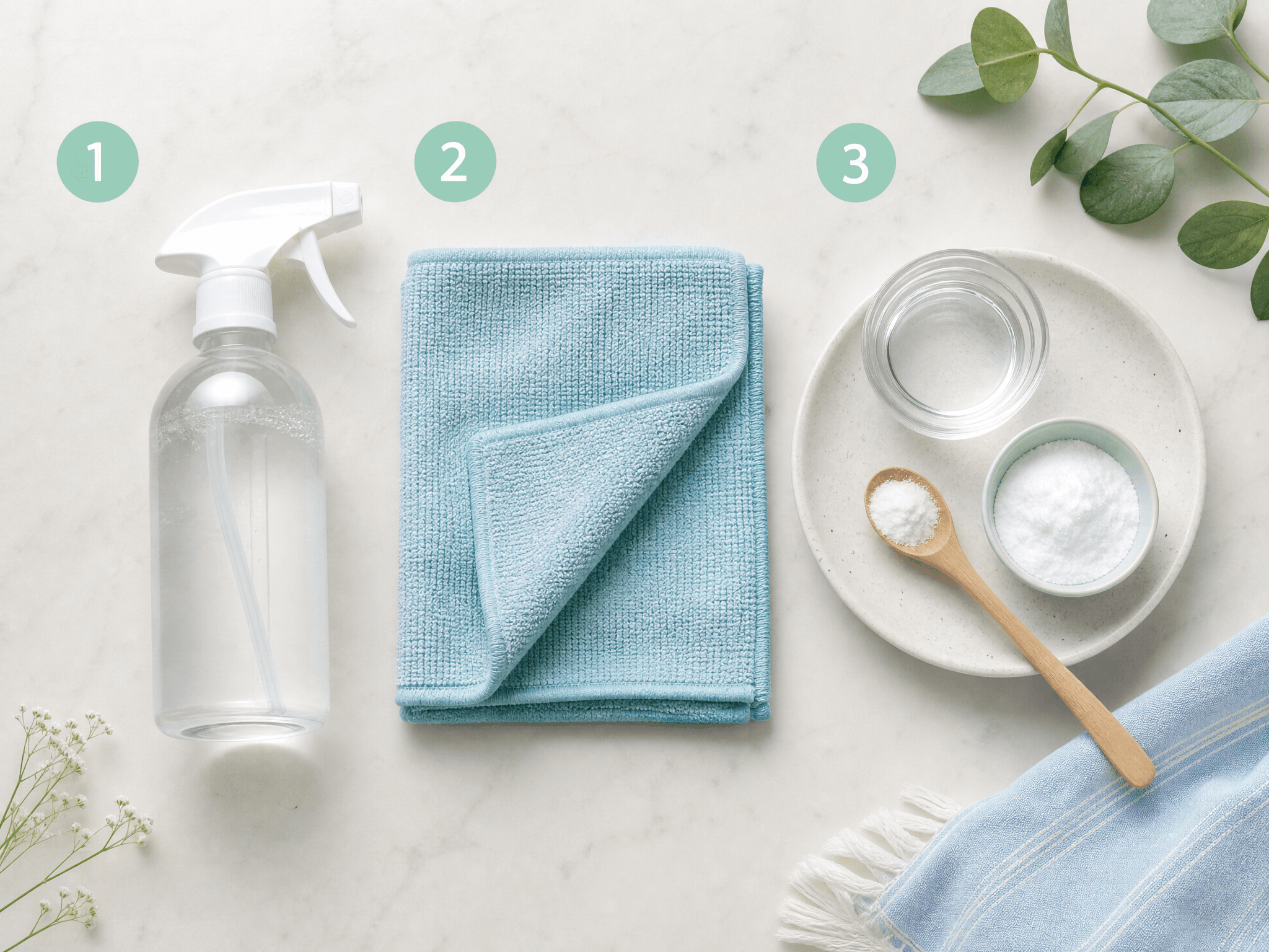 Numbered stain-removal step card layout with unbranded cloths and pantry ingredients