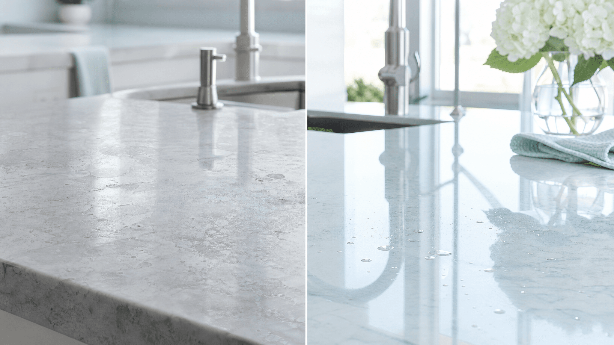 A kitchen worktop shown before and after — dull water spots on the left, a gleaming water-bright surface on the right